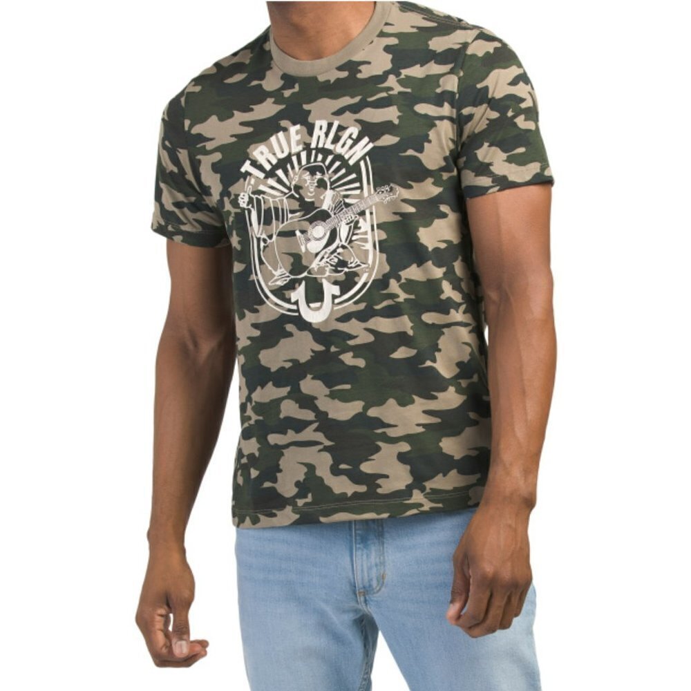 NWT TRUE RELIGION Camo Print Arch Logo Graphic Crew Neck T-Sirt